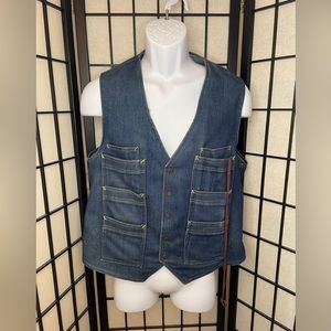 Vintage Large Blue Jean Denim Country Shotgun Rifle Hunter Vest By West Cal 45